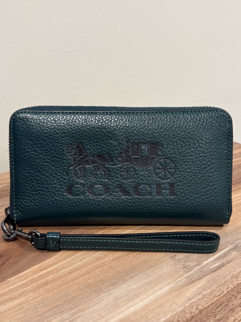 Coach Forest Green Pebbled Leather Accordion Zip Wallet Wristlet